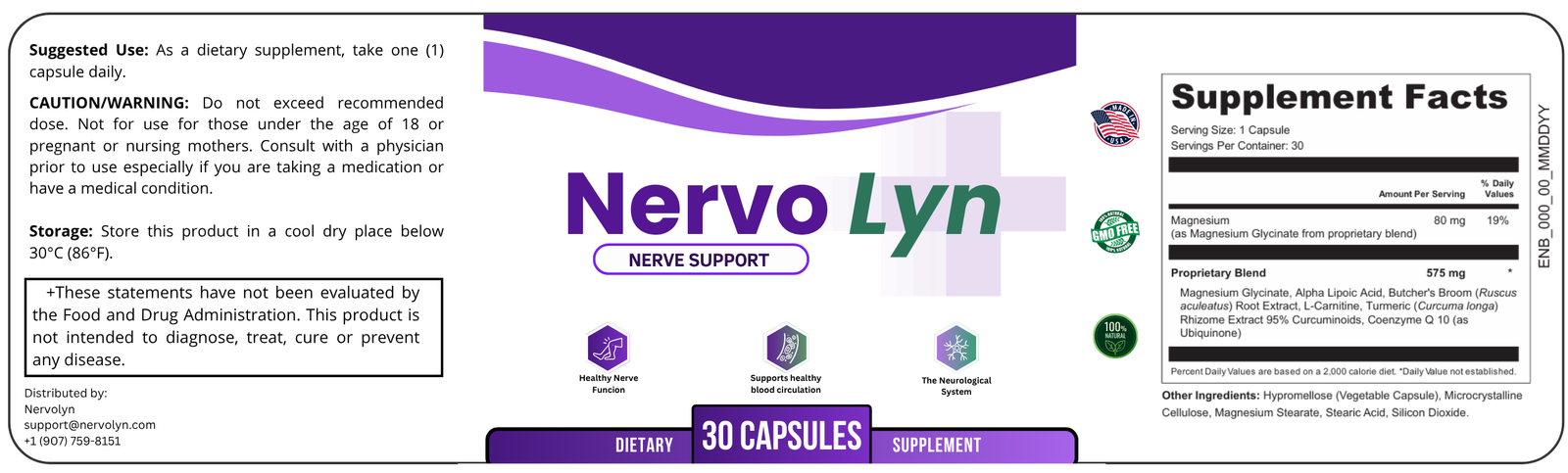Nervolyn supplement facts label showing plant-based nerve support ingredients
